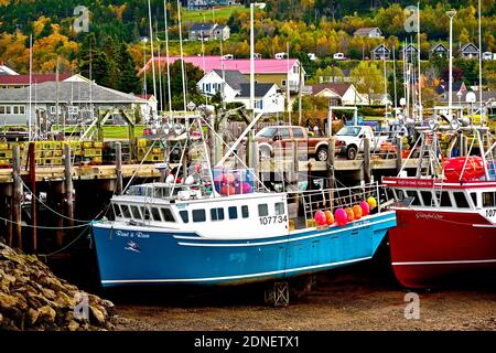 Ein Bild von farbenfrohen Fischerbooten an der Ostküste, die bei Ebbe am Kai in Alma New Brunswick befestigt sind. Stockfoto