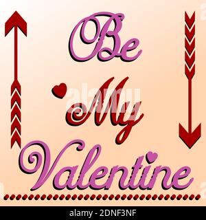Sei meine Valentine Postkarte Illustration. Valentinskarte mit Pfeilen. Farben rosa und rot über orangefarbenem Farbverlauf Hintergrund für Grußkarte, Druck, Stockfoto