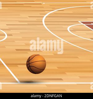 Realistischer Ball für Basketball fliegt in Linie von Holzparkettplatz. Weltturnier. Sportausrüstung. Hintergrund für Design-Sportwettbewerbe. Vect Stock Vektor
