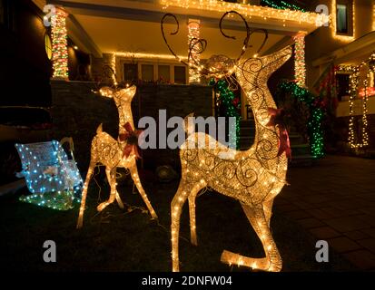 Weihnachtsdekorationen im Dyker Heights - einem Viertel in Brooklyn, das für seine extravaganten Ausstellungen zu Weihnachten bekannt ist. New York, USA Stockfoto