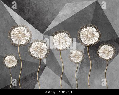 3d-Illustration, grauer Hintergrund bestehend aus Dreiecken, großen fabelhaften Löwenzahn Stockfoto