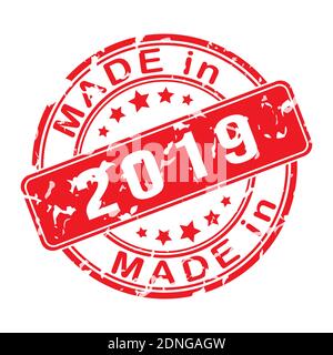 Imprint of a seal or stamp with the inscription MADE IN 2019. Editable vector illustration. Label, sticker or trademark. Flat style. Stock Vektor