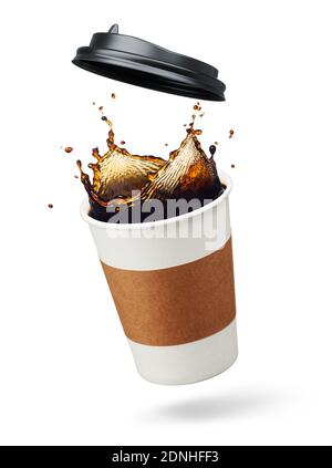 tasse Kaffee spritzt mit offenem Deckel Stockfoto