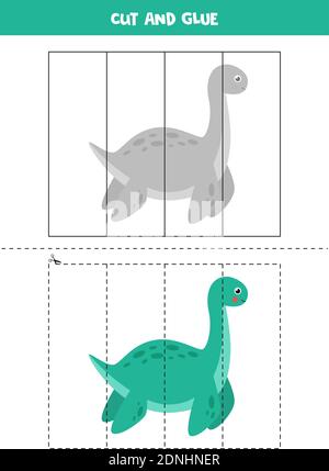 Cut and glue game for kids. Cute dinosaur. Cutting practice for preschoolers. Educational worksheet for kids. Stock Vektor