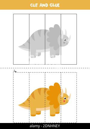 Schneiden und Einfügen Spiel für Kinder. Niedliche Dinosaurier Trice Raptor im Cartoon-Stil. Schneidepraxis für Kinder. Stock Vektor