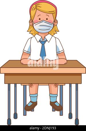 Kleine Schülerin Mädchen trägt medizinische Maske im Schulschreibtisch sitzen vektorgrafik Design Stock Vektor