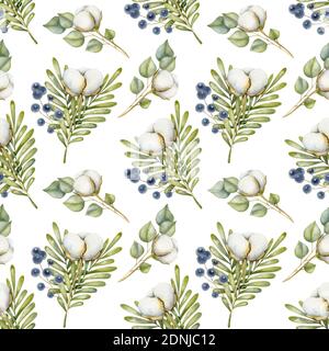 Aquarell nahtlose Blumenmuster mit der Baumwolle, Zweig und Beere. Isolierte botanische Illustration auf hellem Hintergrund. Stockfoto