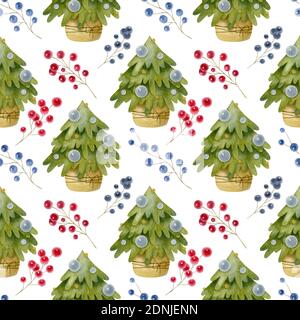 Aquarell Weihnachten nahtlose Muster mit Weihnachtsbaum und Beere. Aquarell festliche Illustration auf dem hellen Hintergrund. Stockfoto