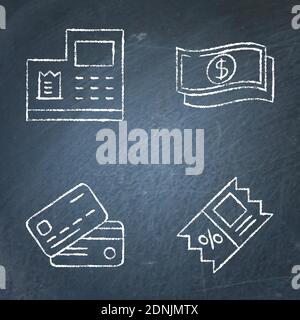 Symbol für die Zahlung auf dem Schwarzen Brett gesetzt. Dollar-Banknote, Rabatt-Coupon, Kreditkarte und Registrierkasse Symbole auf der Tafel. Vektorgrafik. Stock Vektor