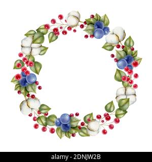 Handgezeichneter Aquarellkranz. Botanische Illustration von grünen Zweigen, Beeren und Baumwolle. Saisonstimmung. Florale Dessin-Elemente. Stockfoto