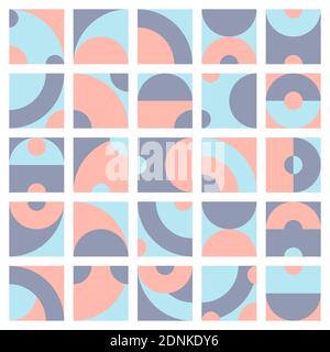 Abstrakter geometrischer Hintergrund mit Quadraten, Halbkreisen und Bögen. Modernes Muster mit abgerundeten Formen in trendigen Pastellfarben Stock Vektor