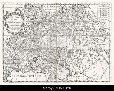 Karte von Russland im 17. Jahrhundert - 'Russia Bianca o Moscovia'. Karte des östlichen Teils Europas (Ukraine, Krim, Kaukasus, Russland, Litauen, Polen). Karte von 1688. Stockfoto