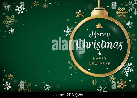 Merry Christmas and happy new year green background with snowflakes, bauble and copy space Stock Vector