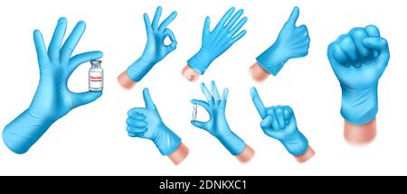 Set von medizinischen Schutzhandschuhen aus blauem Latex. Ärzte Handgesten OK, okay, Hand mit einer Ampulle mit einer Flasche COVID-19 Impfstoff. Isoliert Stock Vektor