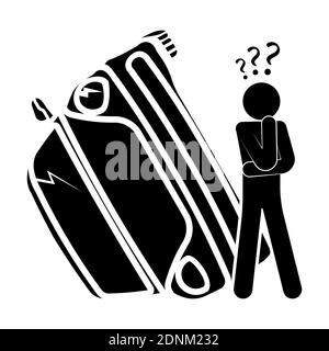 Life and health insurance. Accident, crash on road. Stick man does not know what to do after car accident. Collision of cars on road. Safe driving. Ve Stock Vector