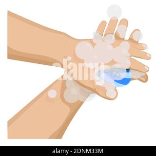 man washes his hands, palms with soap. Compliance with hygiene, precautionary measures during pandemic and in everyday life. Cartoon vector on white b Stock Vector