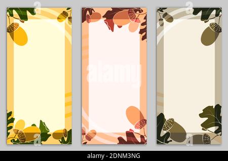 Set von Thanksgiving-Karten mit Eichenblättern und Eicheln. Set von abstrakten Vorlagen für Grußkarten, Banner, Broschüren. Vektor Stock Vektor