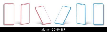 Smartphone-Rahmen mit leerem Display. Telefone aus verschiedenen Blickwinkeln. Modell für mobile Anwendungen. Realistischer Vektor in hellen Farben Stock Vektor