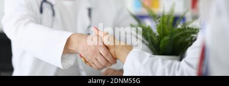 Handschlag zwischen zwei Ärzten in weißen Mänteln Stockfoto