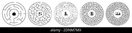 Children games. Set of round mazes, labyrinths with different difficulty levels and prizes inside. Puzzles and games for development of intelligence i Stock Vector