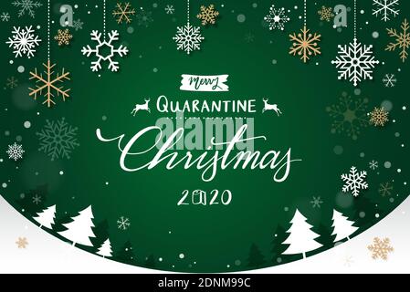 Frohe Quarantäne Weihnachten 2020 Text auf grünem Hintergrund mit Schneeflocken Und Weihnachtsbäume Stock Vektor