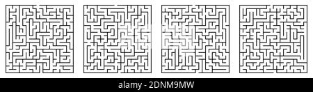 Spiele für Kinder. Set von quadratischen Labyrinthen von kleinem Schwierigkeitsgrad. Puzzles und Spiele für die Entwicklung der Intelligenz bei Kind und einem Erwachsenen. Vektor Stock Vektor