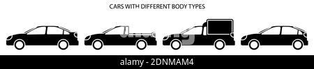 Auto-Symbole mit verschiedenen Karosserietypen. Unterschiede zwischen Autos in Form und Abmessungen. Satz von Vektorsymbolen Stock Vektor