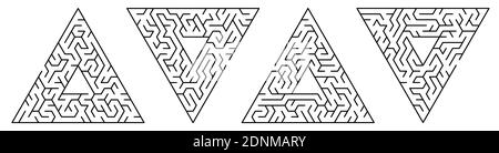 Spiele für Kinder. Satz von dreieckigen Labyrinthen, Labyrinth von kleinem Schwierigkeitsgrad. Puzzles und Spiele für die Entwicklung von Intelligenz in Kind und eine adu Stock Vektor