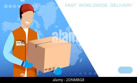 fast delivery of goods all over the world. Delivery service worker with cardboard box in his hands on background of world map. Concept delivery of par Stock Vector