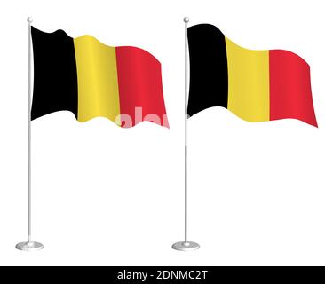 Flagge Belgiens auf Fahnenmast winkt im Wind. Design-Element Urlaub. Kontrollpunkt für Kartensymbole. Isolierter Vektor auf weißem Hintergrund Stock Vektor