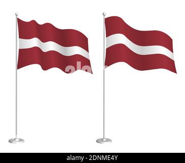 Flagge Lettlands auf Fahnenmast winkt im Wind. Design-Element Urlaub. Kontrollpunkt für Kartensymbole. Isolierter Vektor auf weißem Hintergrund Stock Vektor