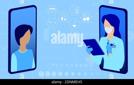 Arzt im Smartphone, Online-Medizin. Ärztin in schützender medizinischer Maske mit Tablette in den Händen berät den Patienten online. Vektor Stock Vektor