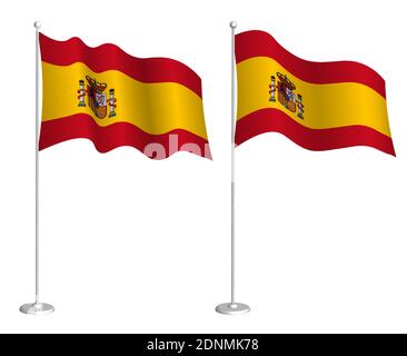 Spanien Flagge auf Fahnenmast winken im Wind. Design-Element Urlaub. Kontrollpunkt für Kartensymbole. Isolierter Vektor auf weißem Hintergrund Stock Vektor