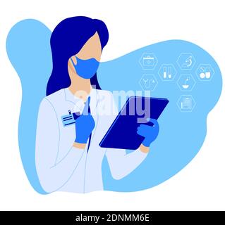 Ärztin, Krankenschwester in schützender medizinischer Maske mit Tablette in den Händen liest die Diagnose dem Patienten vor und verschreibt den Behandlungsverlauf. Vektor Stock Vektor