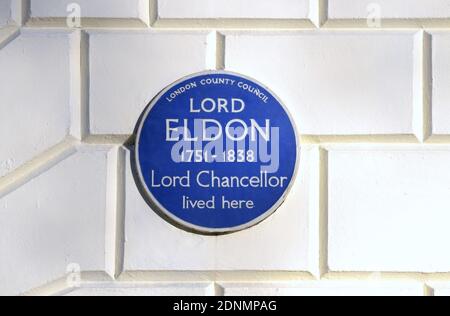 London, Großbritannien. Gedenktafel am 6 Bedford Square: 'Lord Eldon 1751-1838 Lord Chancellor lebte hier' John Scott, 1. Earl of Eldon, PC, QC, FRS, FS Stockfoto