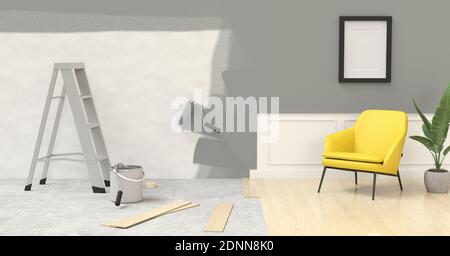 renovation of an apartment, painting on the walls before and after - 3D rendering Stockfoto
