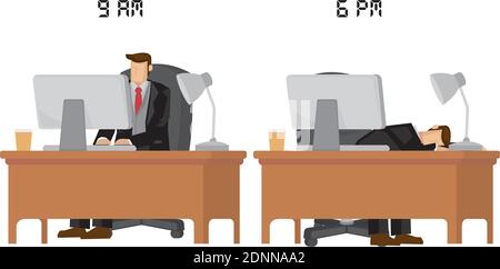 Geschäftsleiter in Anzug zeigt seinen Energiepegel während der verschiedenen Tageszeit von voll aufgeladen bis erschöpft. Konzeptionelle Vektor Cartoon illust Stock Vektor