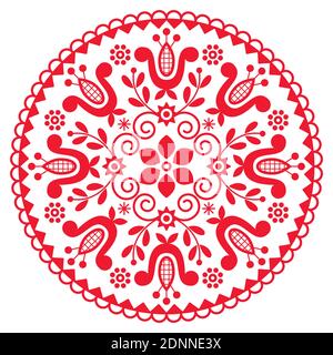 Bohemian Mandala vectro Design - Polnische Volkskunst Muster mit Blüten in rot und weiß Stock Vektor