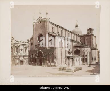 Santi Giovanni e Paolo (San Zanipolo), Venice, albumin paper, black and white positive process, image size: height: 20,40 cm; width: 25,20 cm, VENEZIA - Chiesa dei SS. Giovanni e Paolo e il Monumento al Generale Colleoni. Marked with lead recto on the cardboard: 1333 - 1390, facade unfinished, should be instructed. Late Gothic. Portal on the 2nd half of the 15th century!, travel photography, architectural photography, architecture, exterior of a church, hist. building, locality, street, Venice Stock Photo