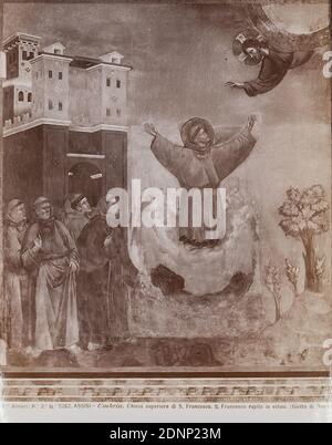 Giotto di Bondone: Ekstase des heiligen Franziskus. Fresko, obere Kirche, Basilika San Francesco, Assisi, Albumin Papier, schwarz-weiß positive Prozess, Bildgröße: Höhe: 24.40 cm; Breite: 18.80 cm, Assisi - Umbrien. Chiesa superiore di S. Francesco. S. Francesco rapito in Estasi. (Giotto di Bondone). Runder Stempel auf der Rückseite, Malerei Stockfoto