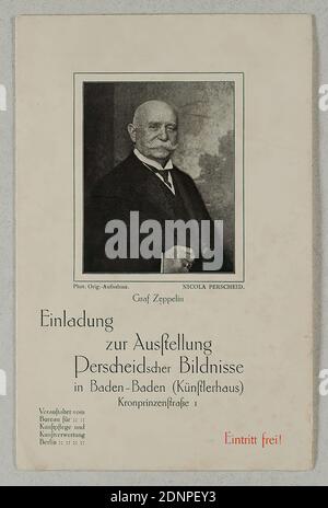 Nicola Perscheid, Einladung zur Ausstellung Perscheidscher Bilder in Baden-Baden (Künstlerhaus), Papier, Autotyp, Schriftdruck, Bildgröße: Höhe: 18,00 cm; Breite: 11,80 cm, Fritz Kempe Collection, Porträtfotografie, Einladungskarten, Porträt, historische Person Stockfoto