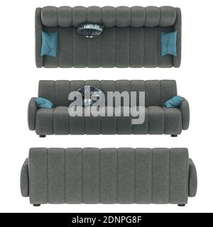 Graues weiches Sofa mit Kissen in drei verschiedenen Winkeln auf weißem Hintergrund. 3d-Rendering Stockfoto