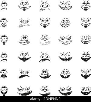 Set von Lustige Smilies, Monster Gesichter mit verschiedenen menschlichen Emotionen, Cartoon-Zeichen, schwarze Konturen isoliert auf weißem Hintergrund. Vektor Stock Vektor