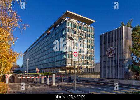 Genf, Schweiz - 07. Dezember 2020: Weltgesundheitsorganisation, WHO - OMS, Hauptsitz Stockfoto