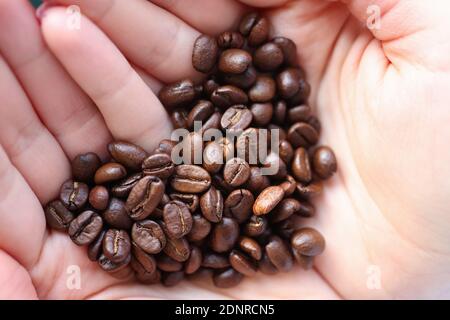 Kaffeebohnen liegen in den Händen in Form von Herz Nahaufnahme Stockfoto