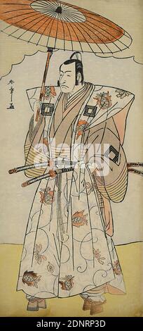 Katsukawa Shunshō, Schauspieler Ichikawa Danjūrō V, Farbholzschnitt, gesamt: Höhe: 33,00 cm; Breite: 15,00 cm, signiert: Shunshō ga 春章画, Druckgrafik, Schauspieler, Schauspielerin, Edo-Zeit Stockfoto