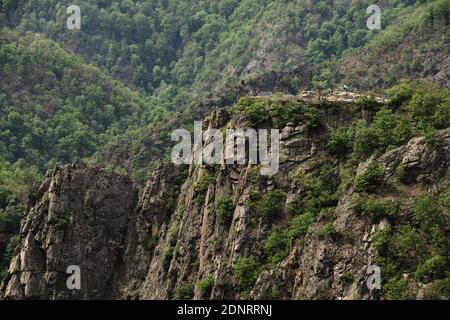 Panoramablick auf die Rosstrappe, ein berühmter und legendärer Granitfelsen im Harz, oberhalb der Bode-Schlucht. Nahe Thale, Sachsen-Anhalt, Deutschland. Stockfoto