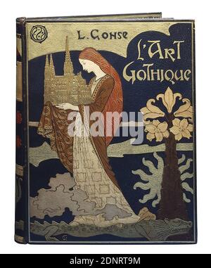 René Wiener, Eugène Grasset, L'Art Gothique von Louis Gonse, erworben auf der Weltausstellung in Paris 1900 von René Wiener, Leder, Intarsien, gesamt (Bucheinband): Höhe: 40 cm; Breite: 32 cm, Stempel: Unten rechts R W, [diamantförmig, goldenes Monogramm], Buchschmuck, Kunsthandwerk, Frau, Außenseite einer Kirche, Pflanze, Tier, Architekturmodell, Lilie, Fabelwesen, Monster, legendäre Figuren, Jugendstil, aus dem vielseitigen Eugène Grasset kommt die Designzeichnung für diesen einzigartigen Bucheinband. Grasset war Schweizer, wurde später in Frankreich eingebürgert und lehrte in Paris für viele Jahre. Stockfoto