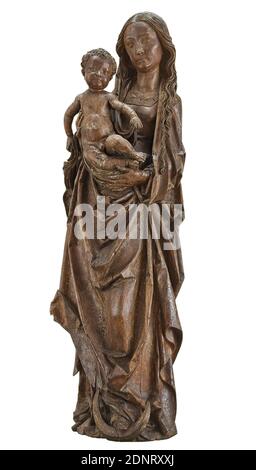 Tilman Riemenschneider, Mutter Gottes auf dem Halbmond, Lindenbaum, Lindenholz mit Überresten alter Fassung, Gesamt: Höhe: 139 cm, Skulpturen, Maria mit Christkind (Madonna), Immaculata (Maria auf dem Halbmond), mittelalterliche Kunst, Tilman Riemenschneider zeigt die Gottesmutter auf einem Halbmond stehend, eine beliebte Darstellung in der Spätgotik, Dies geht auf die Beschreibung der apokalyptischen Ehefrau des Evangelisten Johannes zurück (Off 12,1). Stockfoto