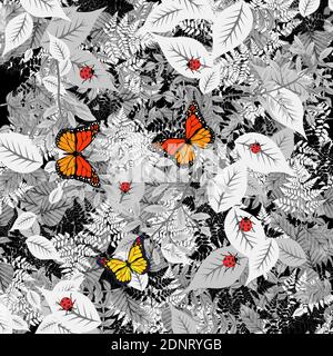 Digitale Kunst Frühling Natur-Szene mit Schmetterlingen und Marienkäfer auf einem schwarz-weißen Natur-Hintergrund. Stockfoto
